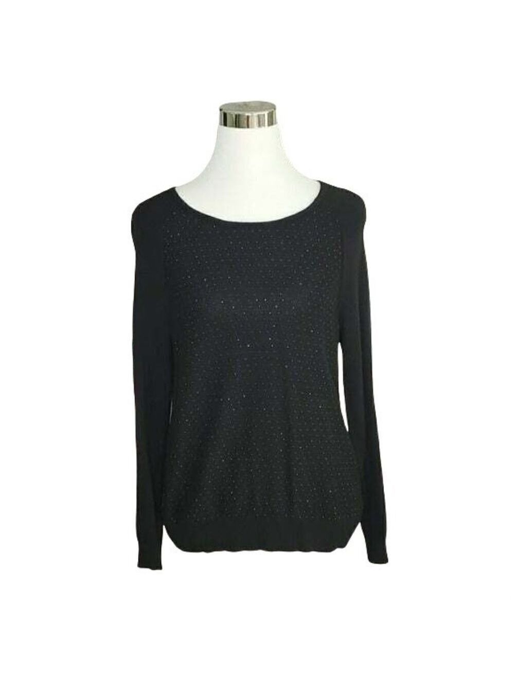 worthington Black Sparkle Pullover Scoop Neck Long Sleeves Knit Sweater Size L - Picture 2 of 9